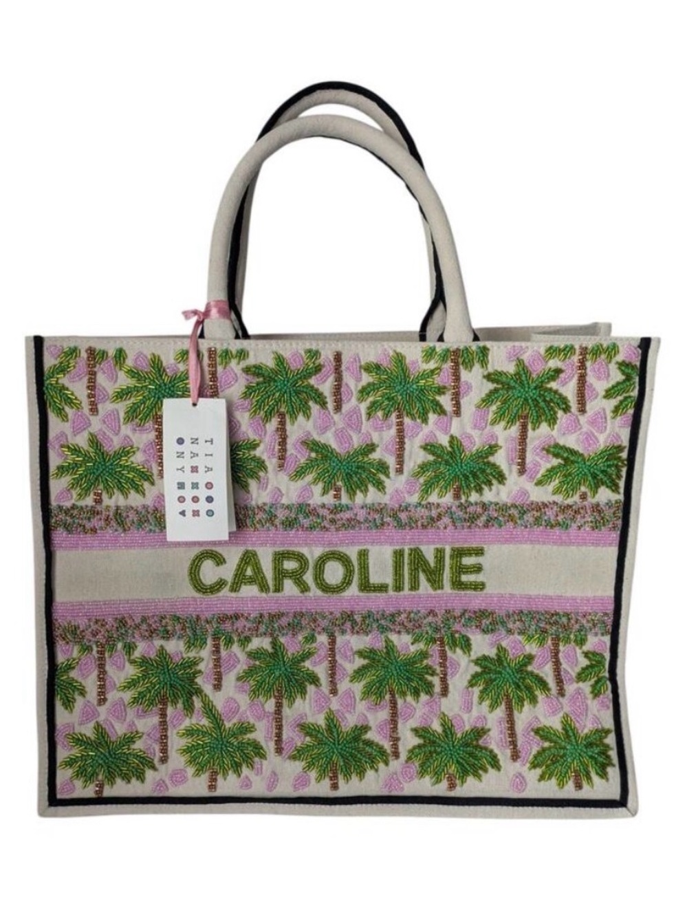 Custom “Caroline” Palm Tree Beaded Tote Bag - Pink & Green
